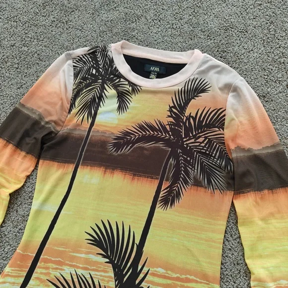 AFRM Dress Womens Extra Small Sunrise Palms Maxi Bodycon Mesh Scenic Print - Picture 7 of 12